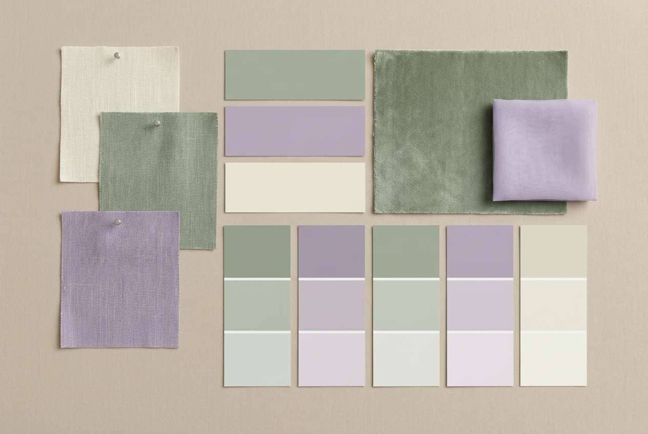 interior mood board in sage violet