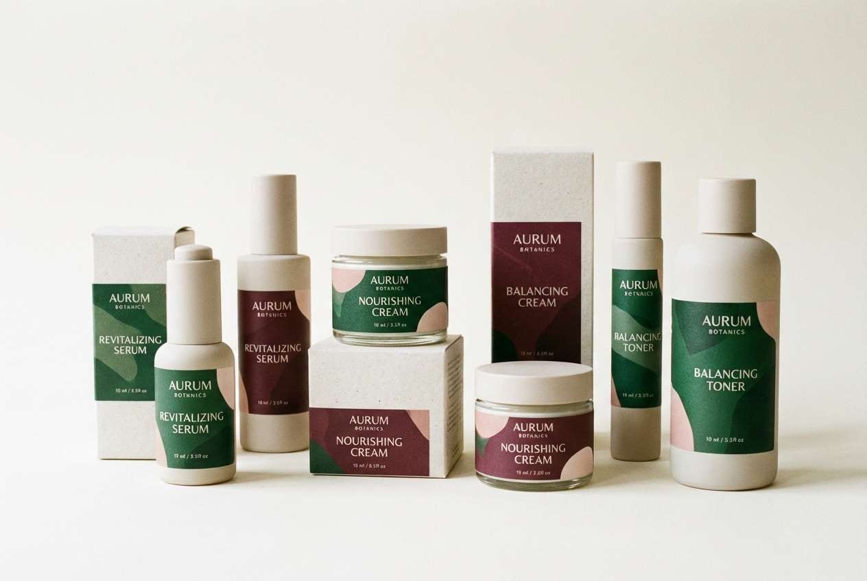 skincare packaging in green and maroon color scheme