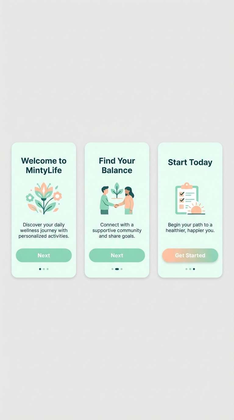 mint peach onboarding screens