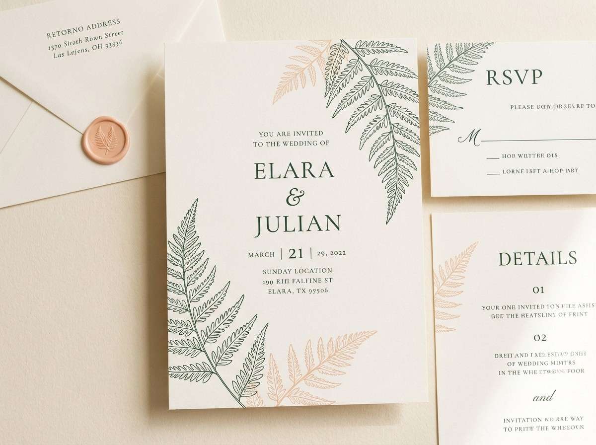 fern peach wedding invite