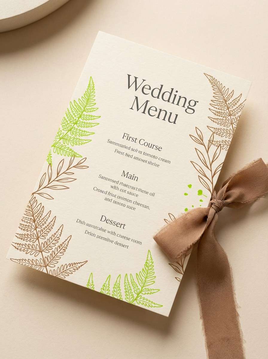 wedding menu with greenery accents