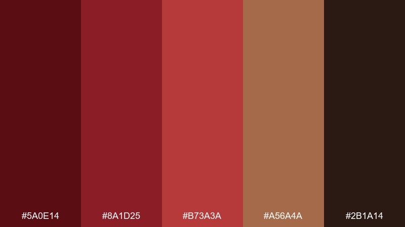 hearth red and cocoa color palette with hex codes