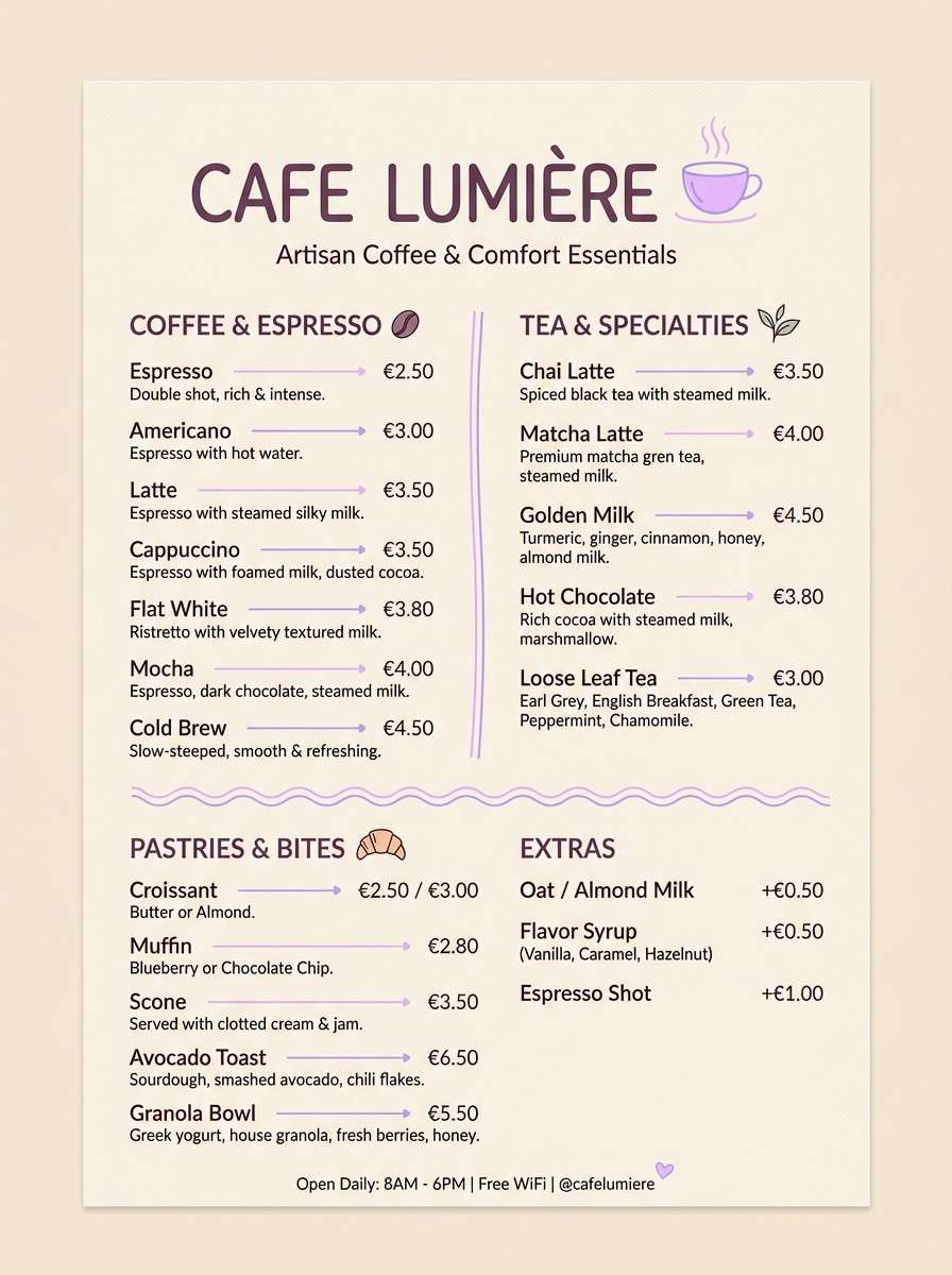 cafe menu layout