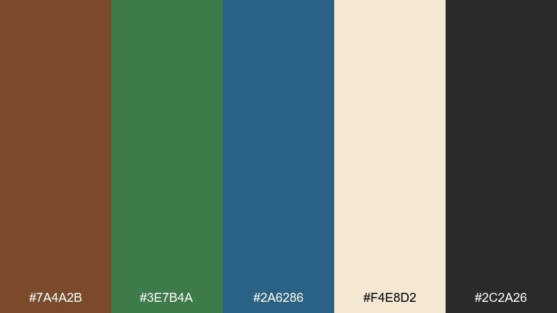 herbarium packaging brown green blue color palette with hex codes