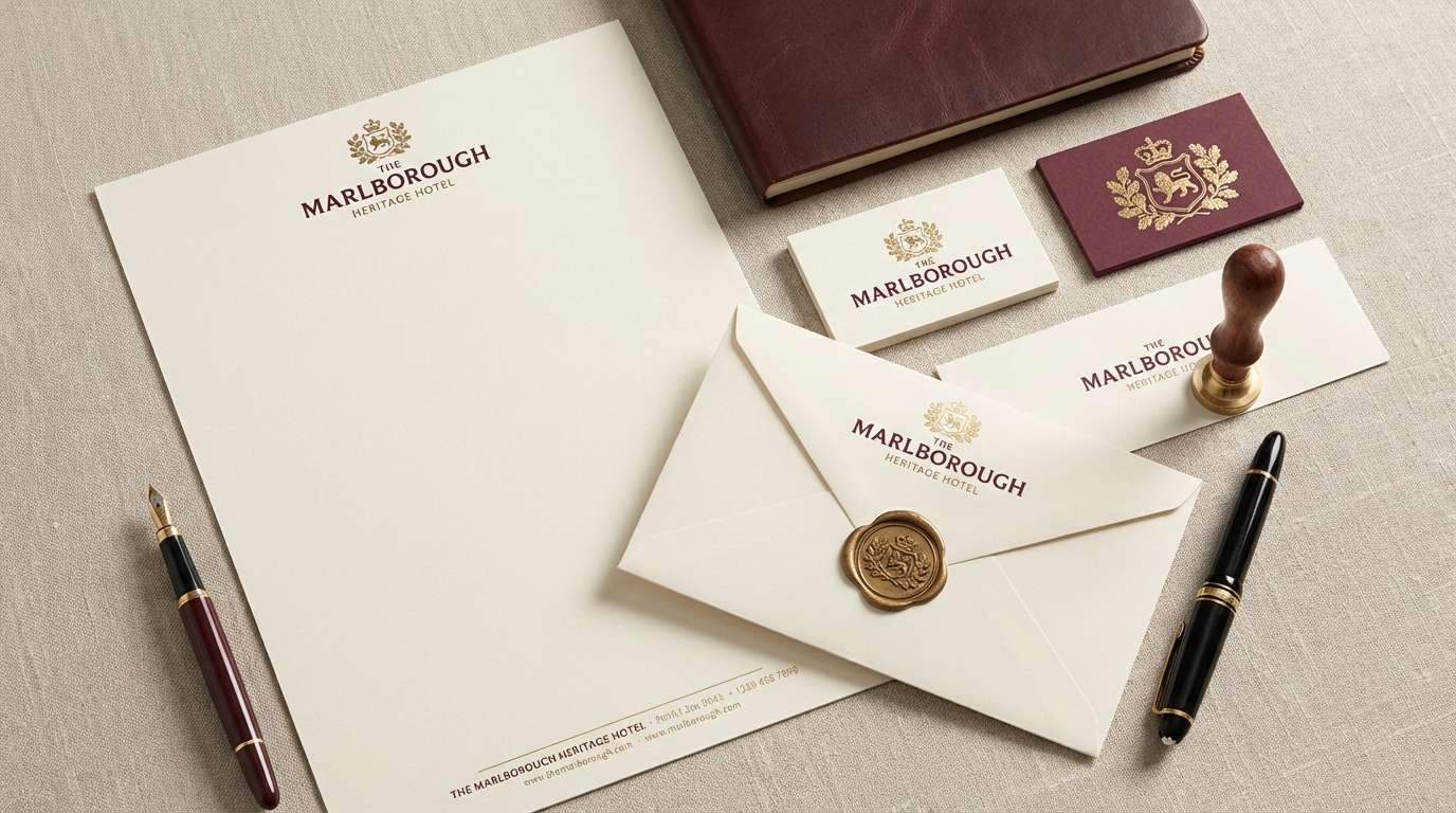heritage hotel branding set in maroon and gold