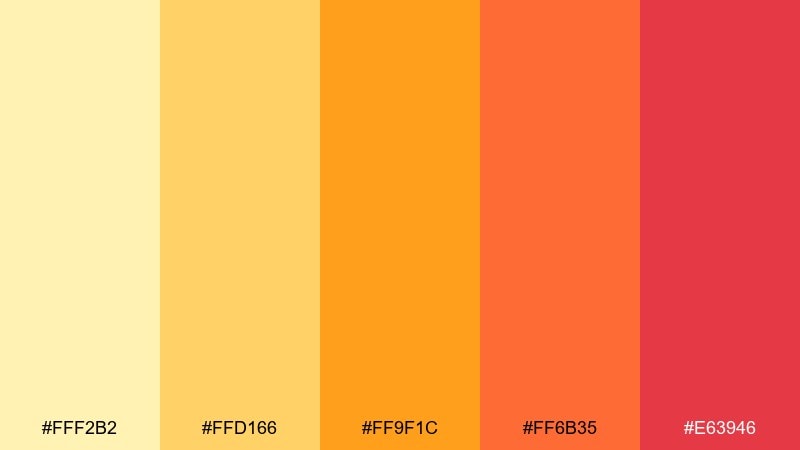 honeyed flame yellow orange red color palette with hex codes