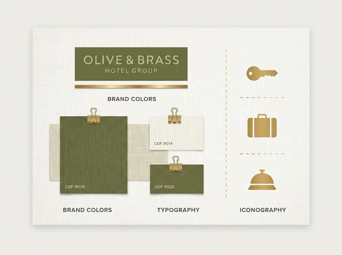 hotel branding in brass and olive