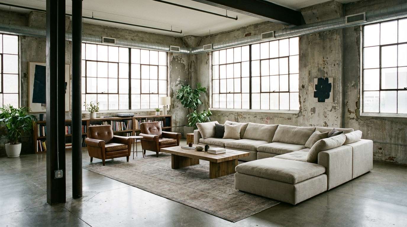 industrial loft in cool neutrals