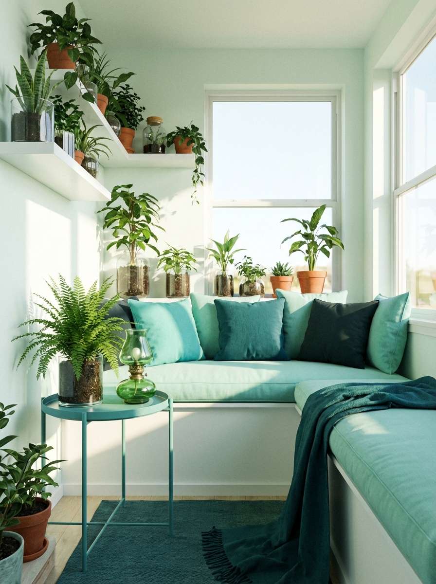 aqua sunroom reading corner