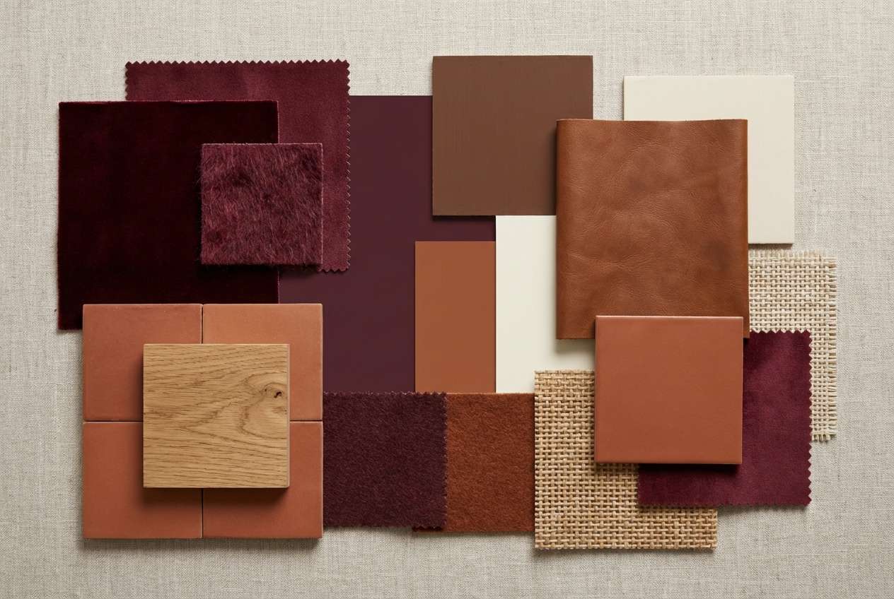 interior moodboard in burgundy browns