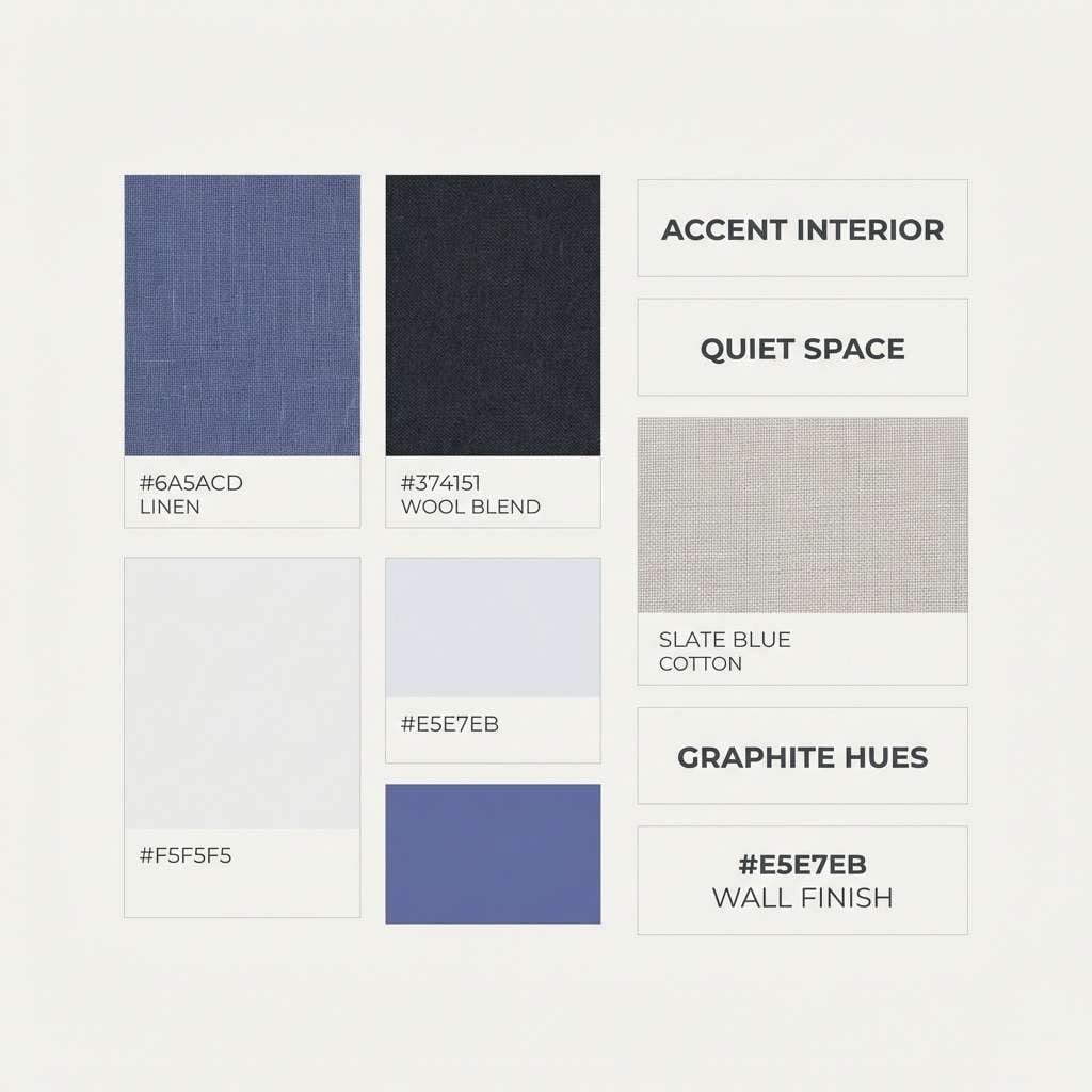 interior moodboard collage in a slate blue color palette
