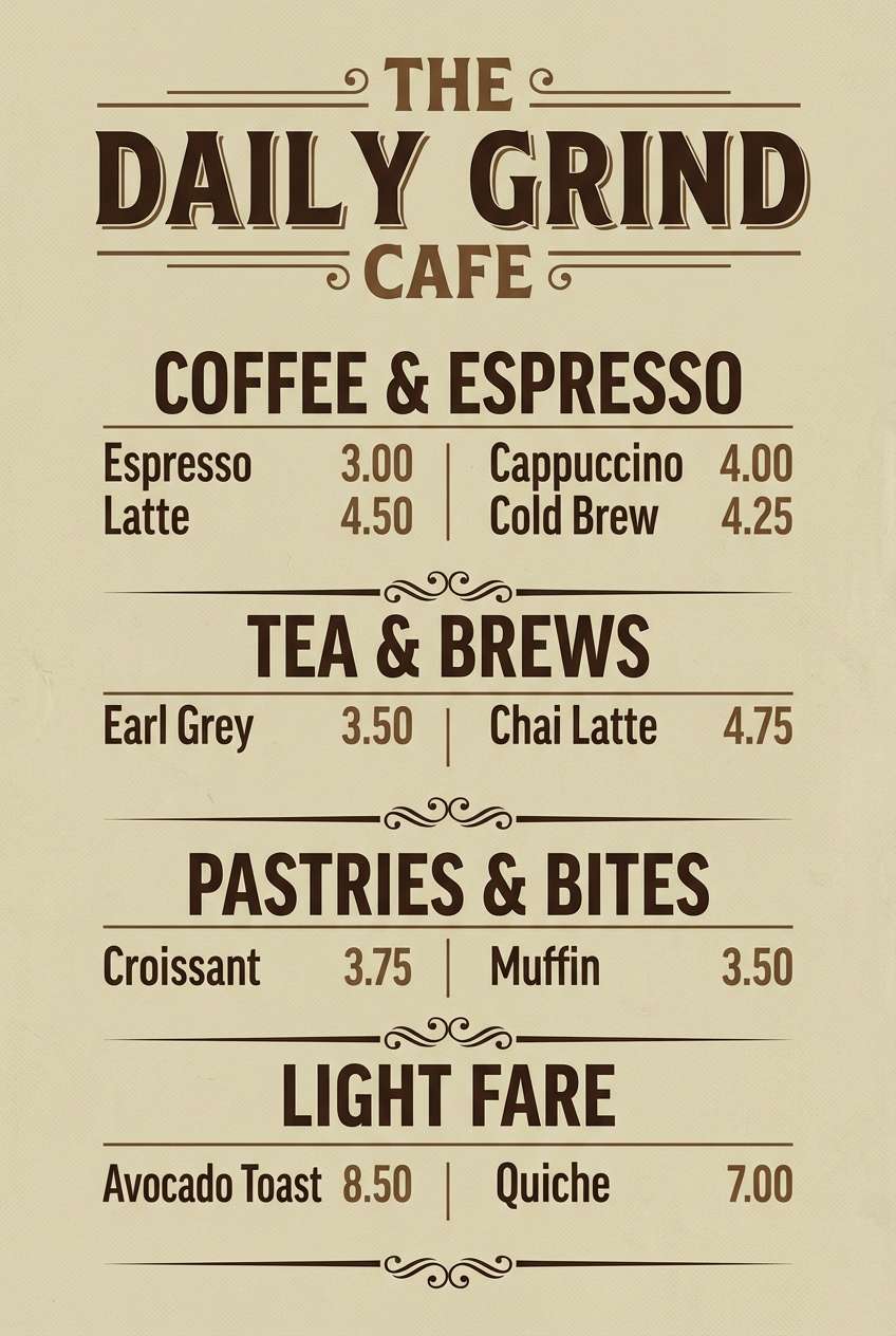 cafe menu layout