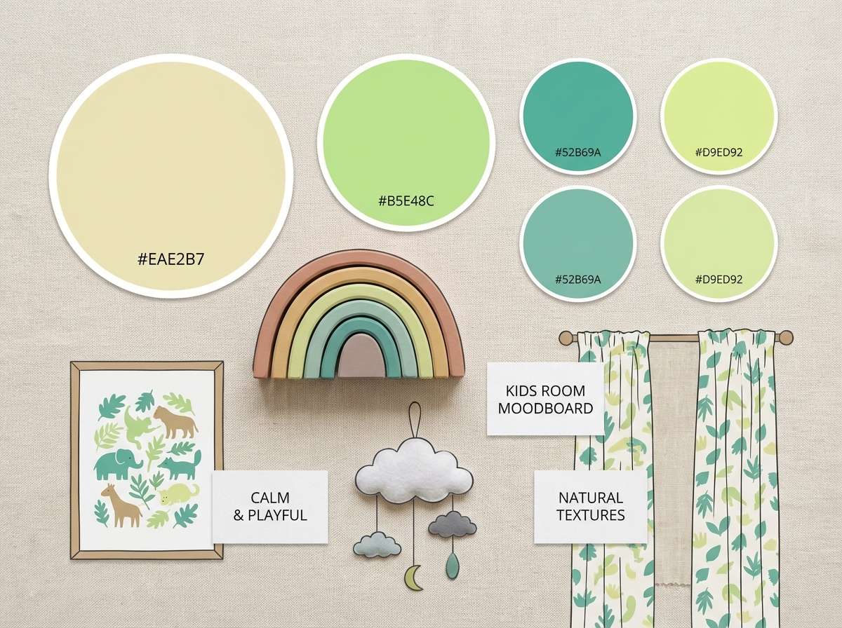 kids room moodboard greens