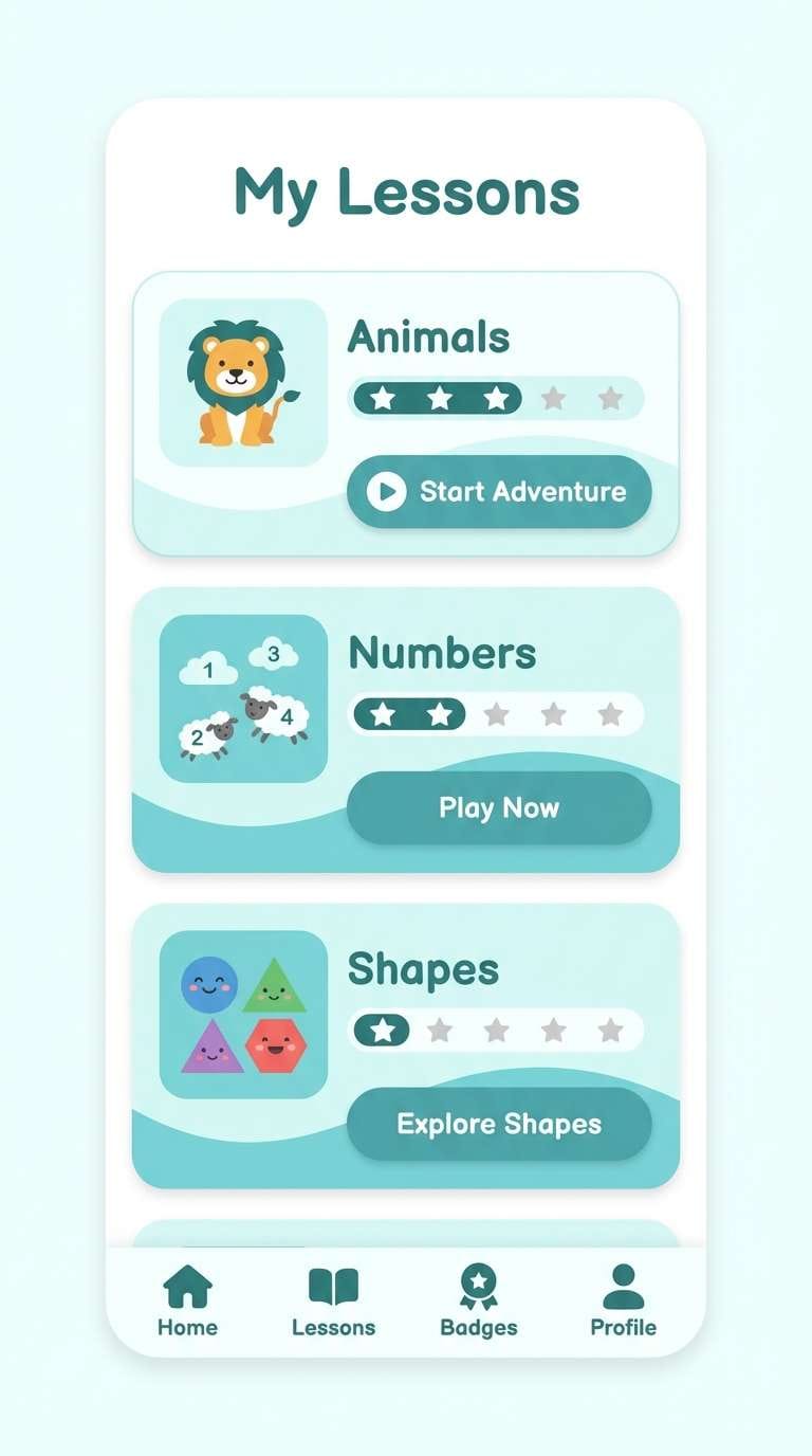 kids learning app ui with green light blue tone