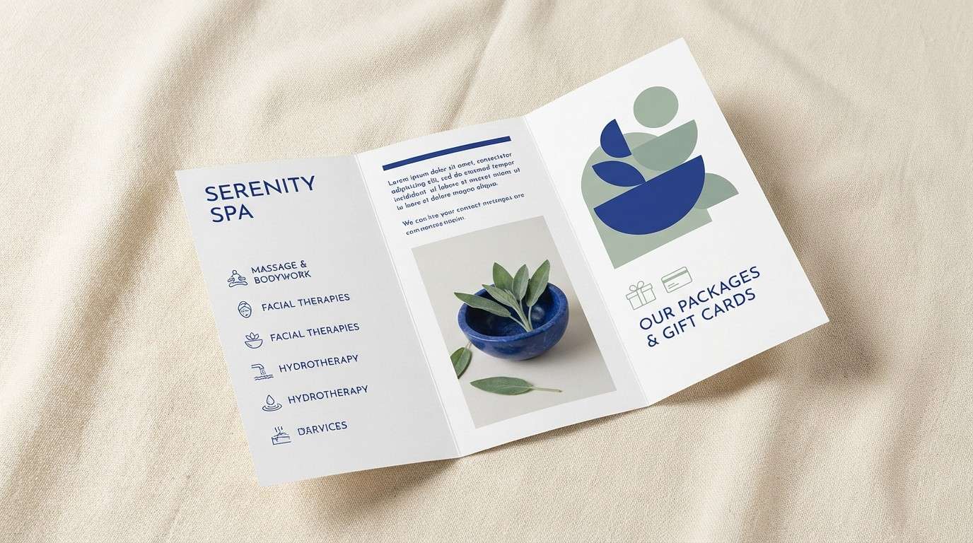 spa brochure in blue and sage