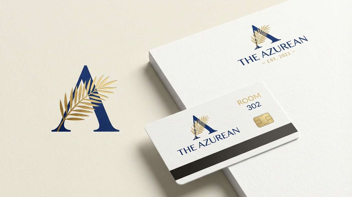 hotel branding in blue and gold