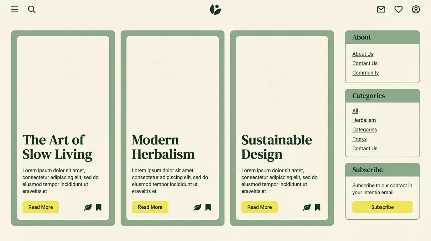 lifestyle blog ui mockup using dark green and yellow color palette