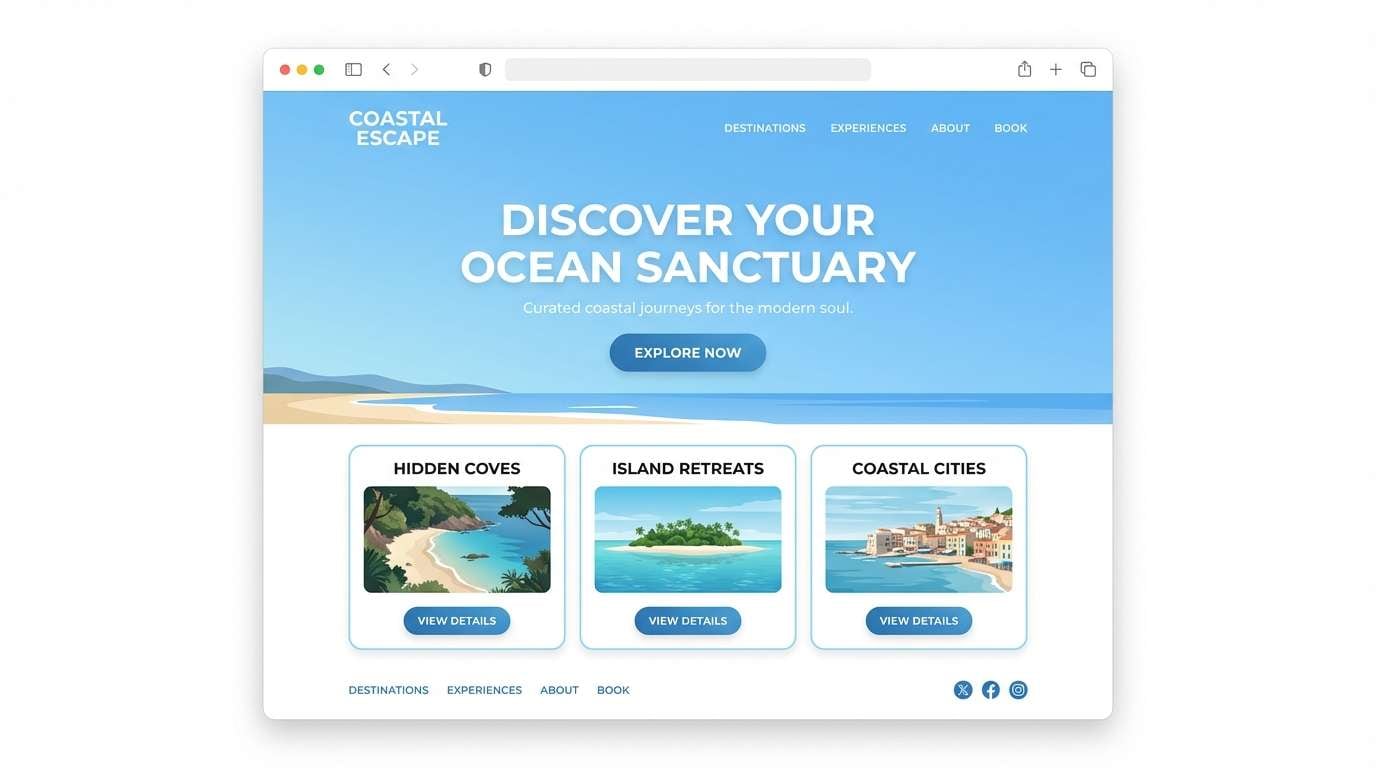 coastal travel hero ui in light blue color scheme