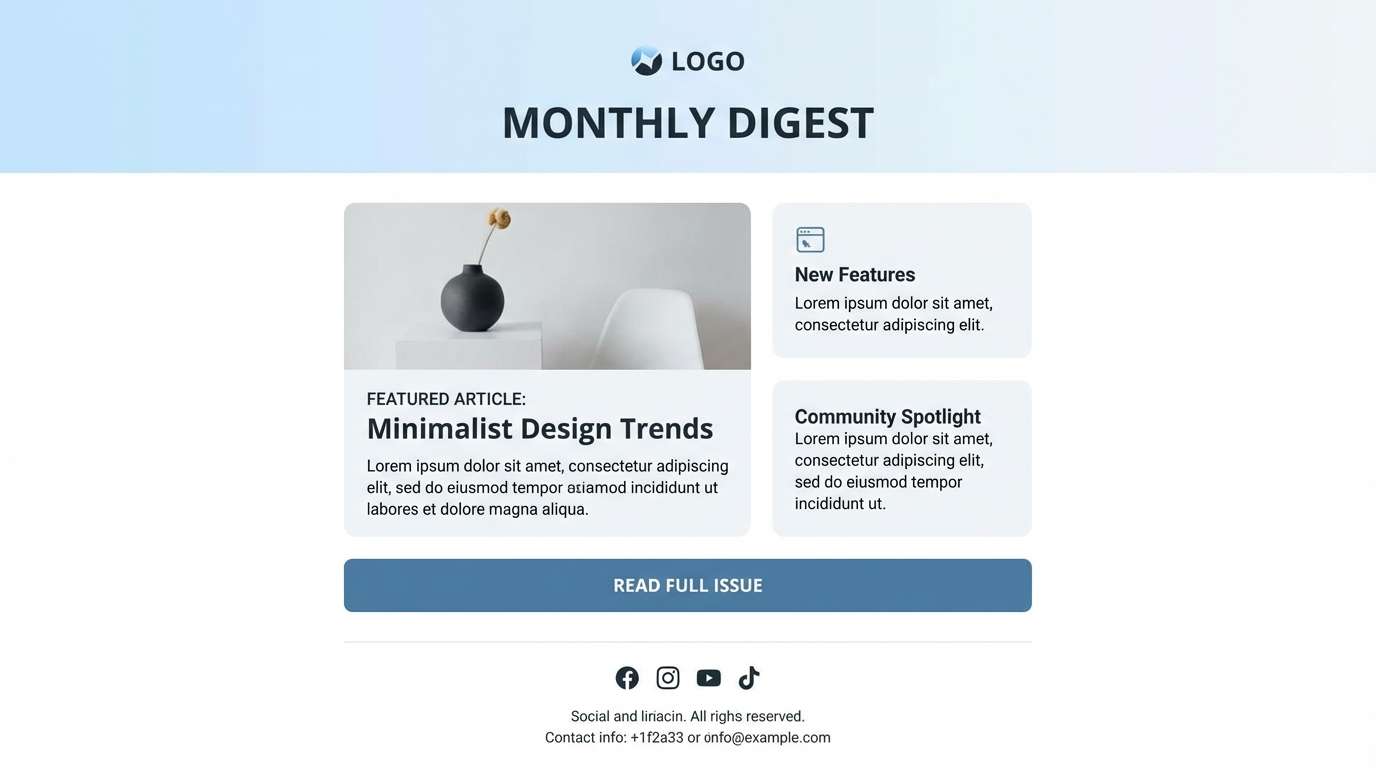 email newsletter template layout with color combination for light blue