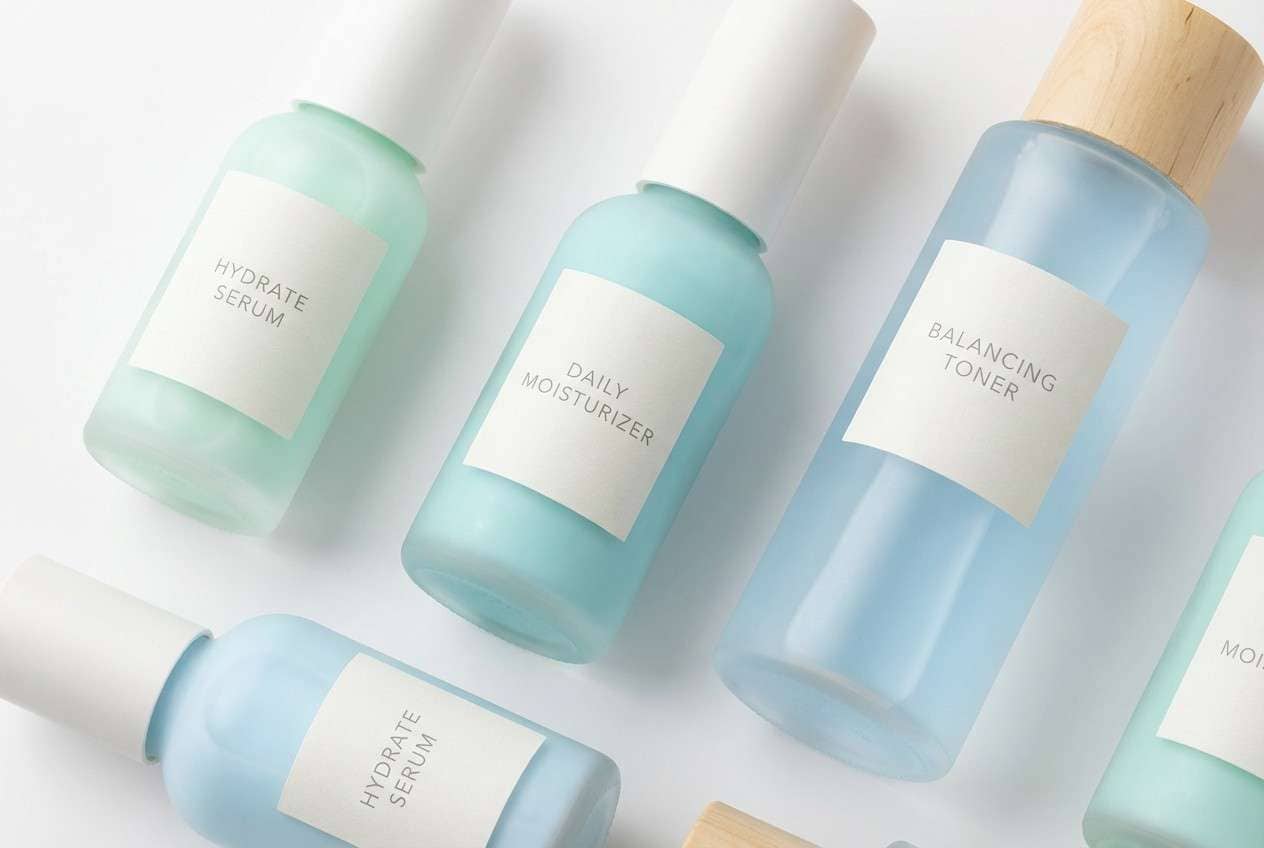 skincare labels studio shot in light blue color scheme