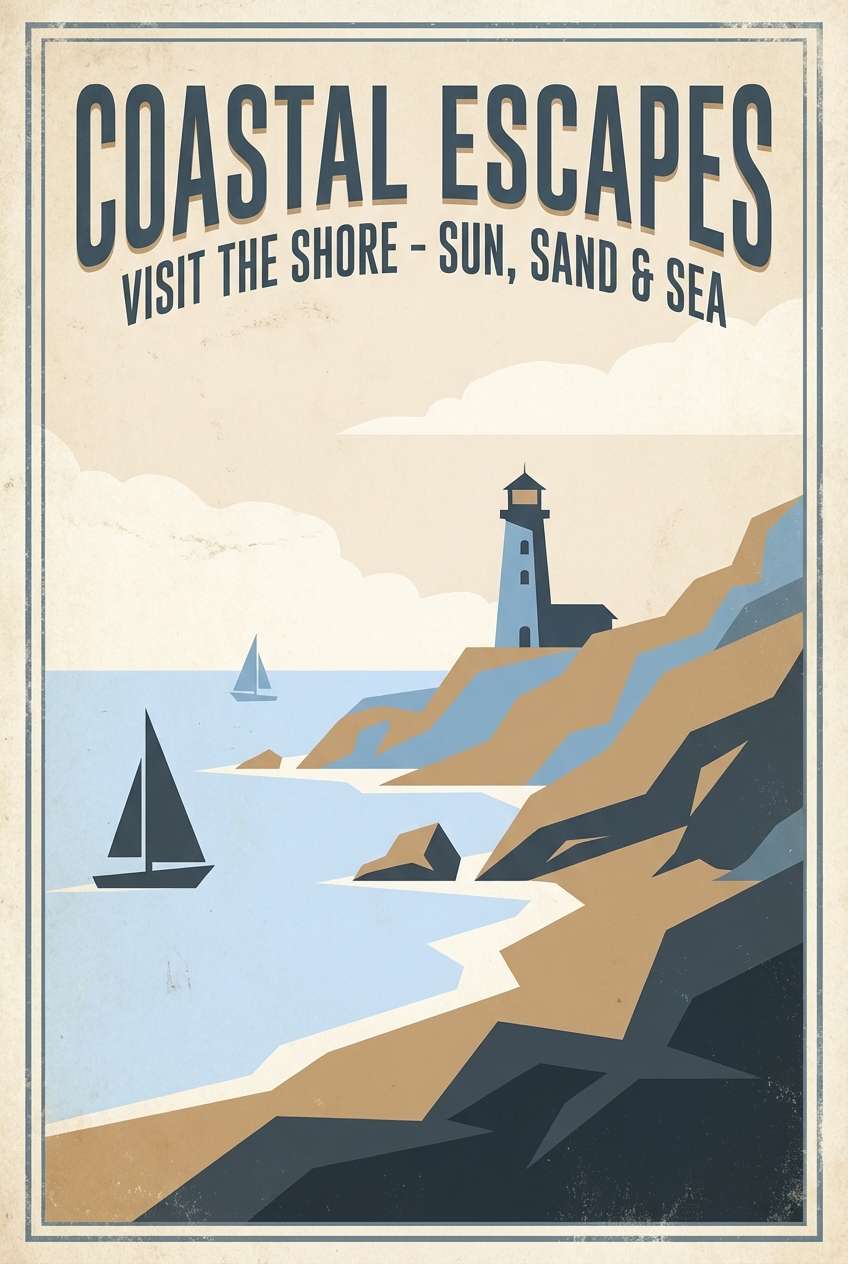 retro travel poster design with light blue color tone