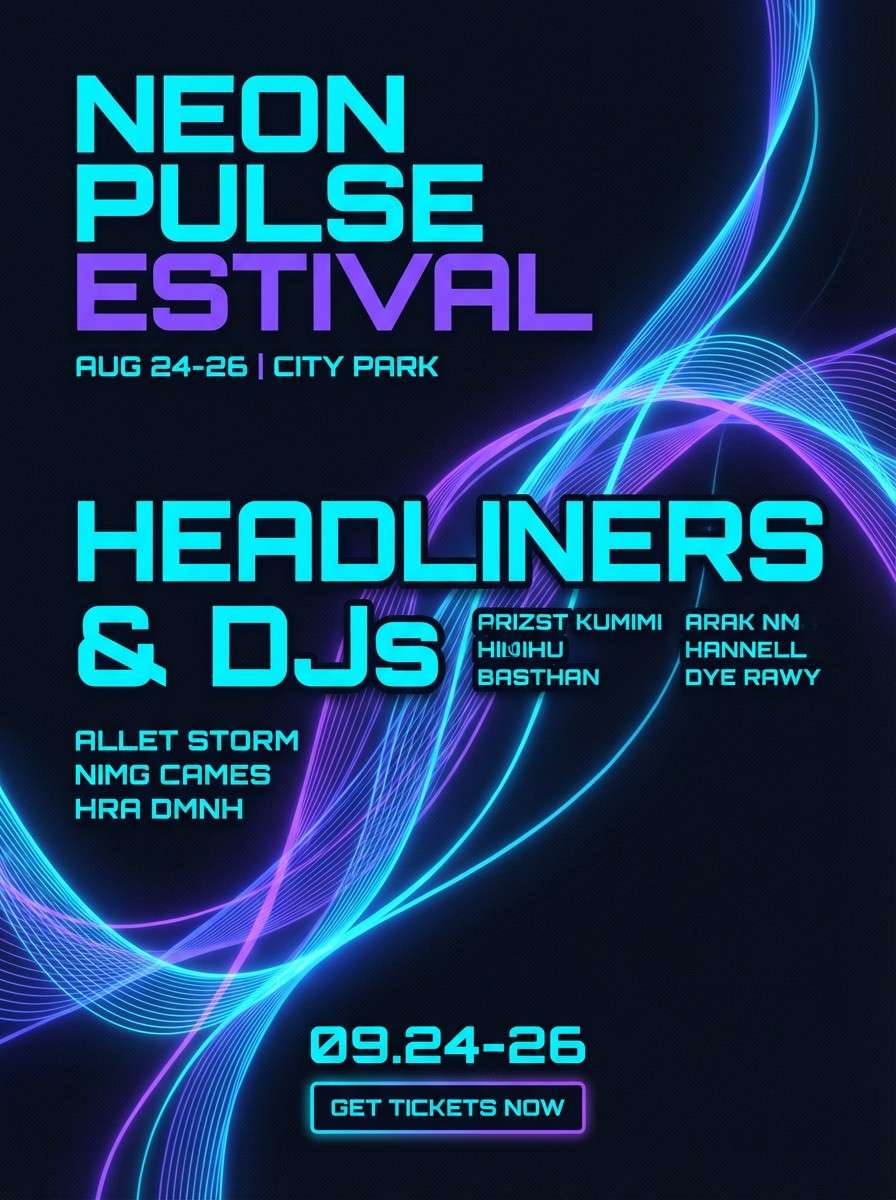 neon music festival flyer with light blue accents