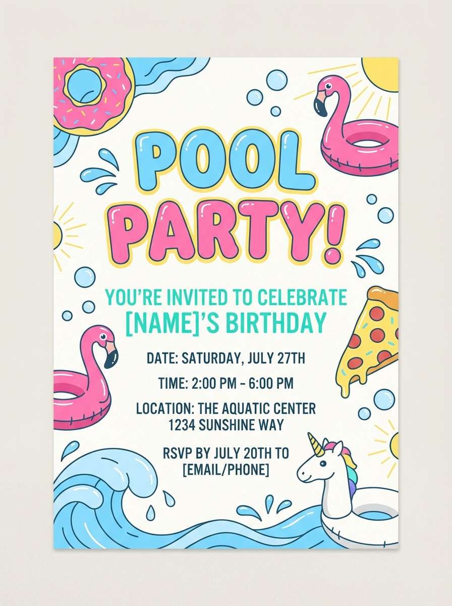 pool party invitation flyer in light blue color scheme