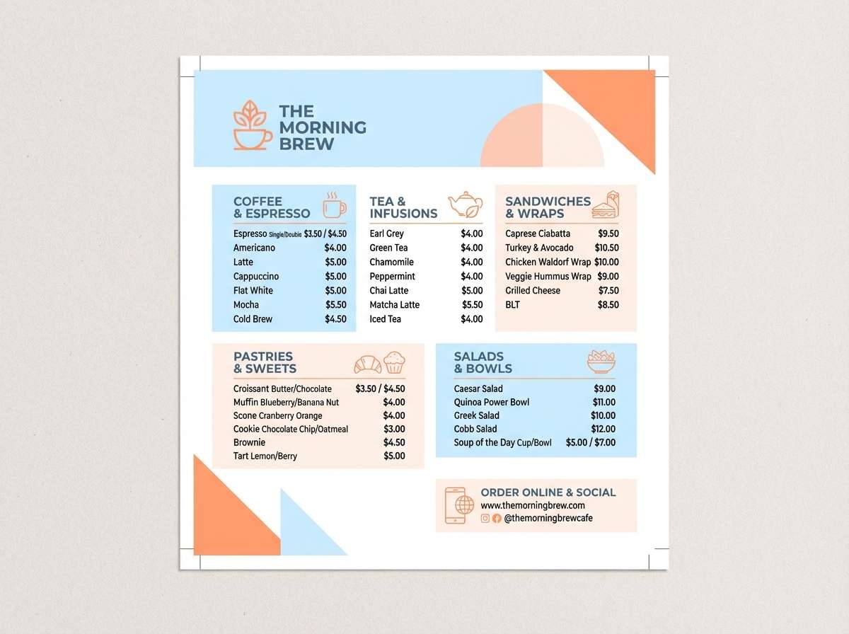 modern cafe menu flyer in light blue color scheme