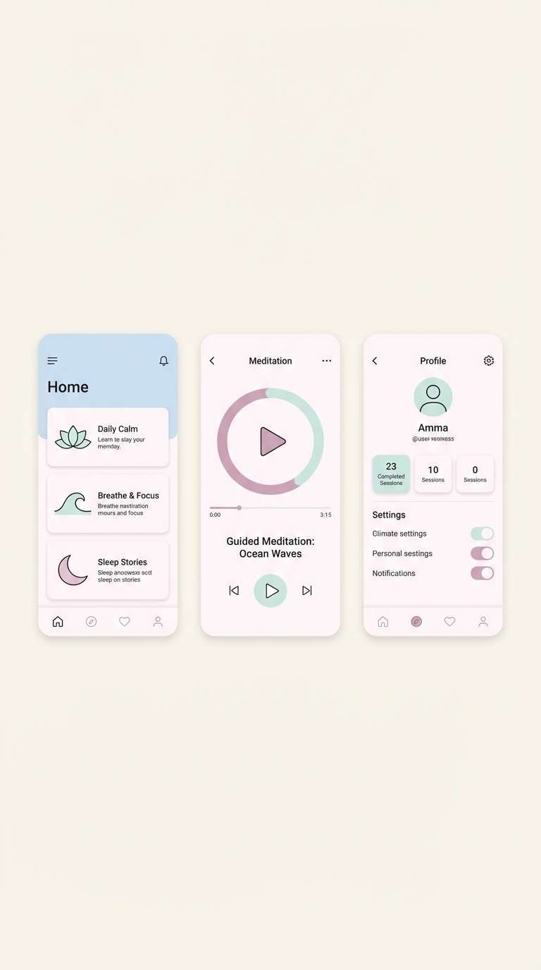 calm wellness app ui with a light tone