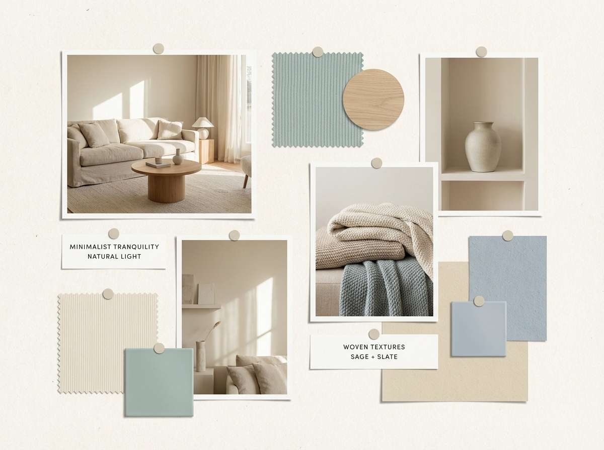 calm interior mood board layout using light color combinations