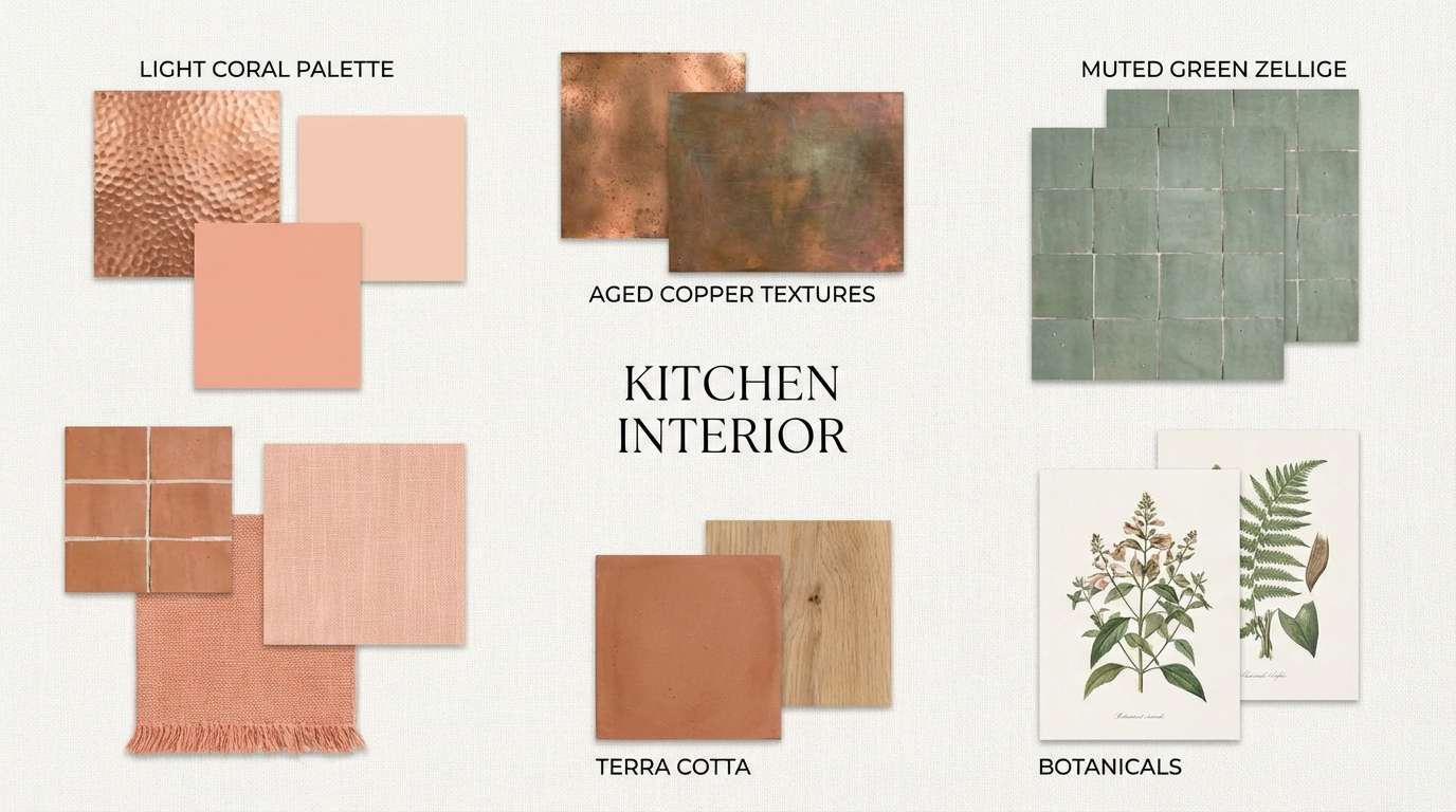 coral copper kitchen moodboard