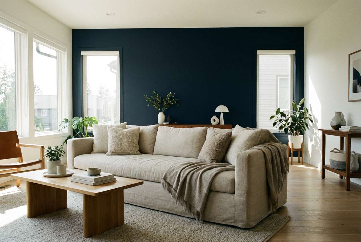 navy and linen living room