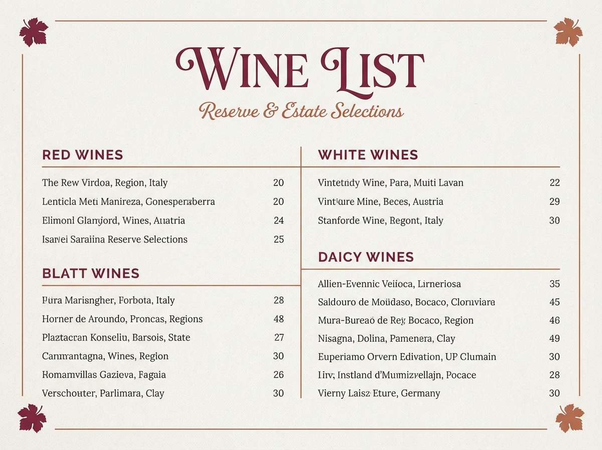 luxury wine menu