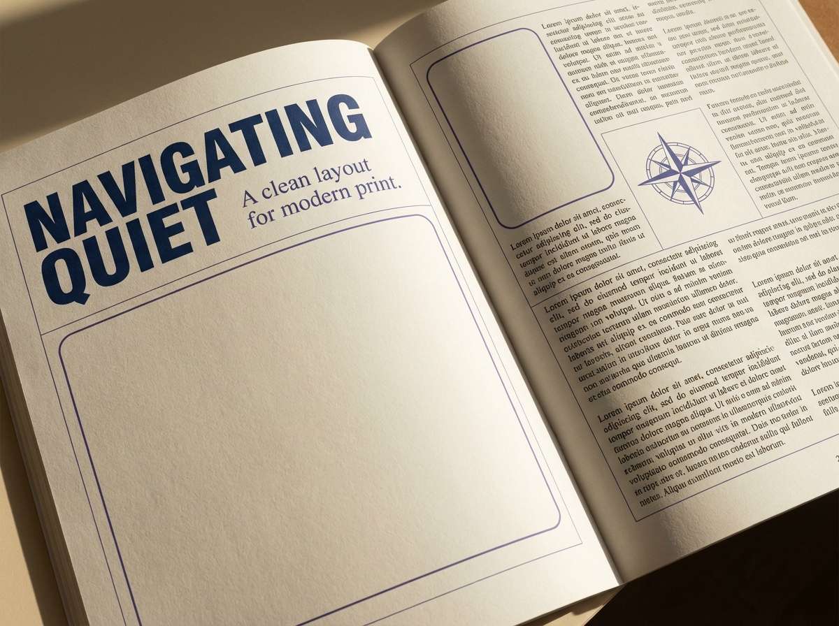 navy editorial spread layout