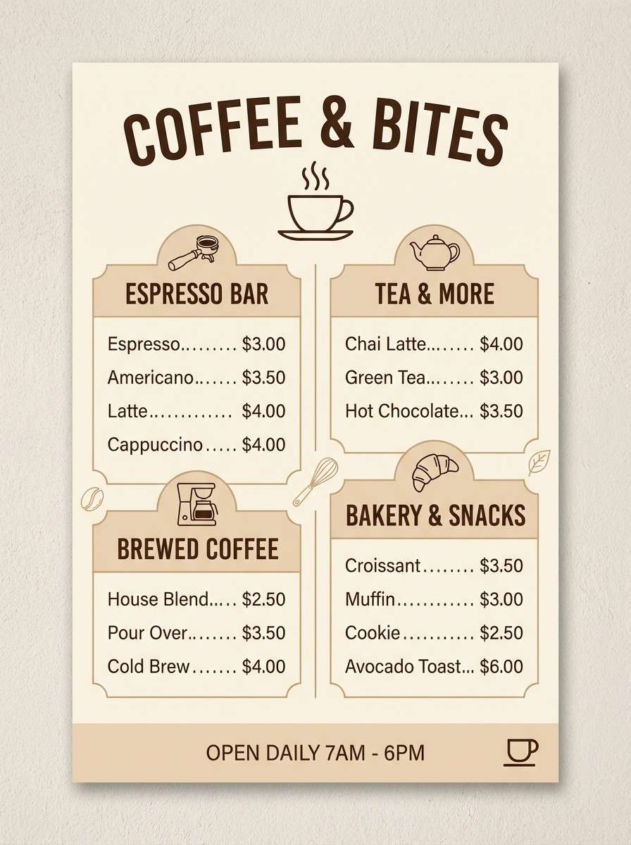 warm neutral cafe menu