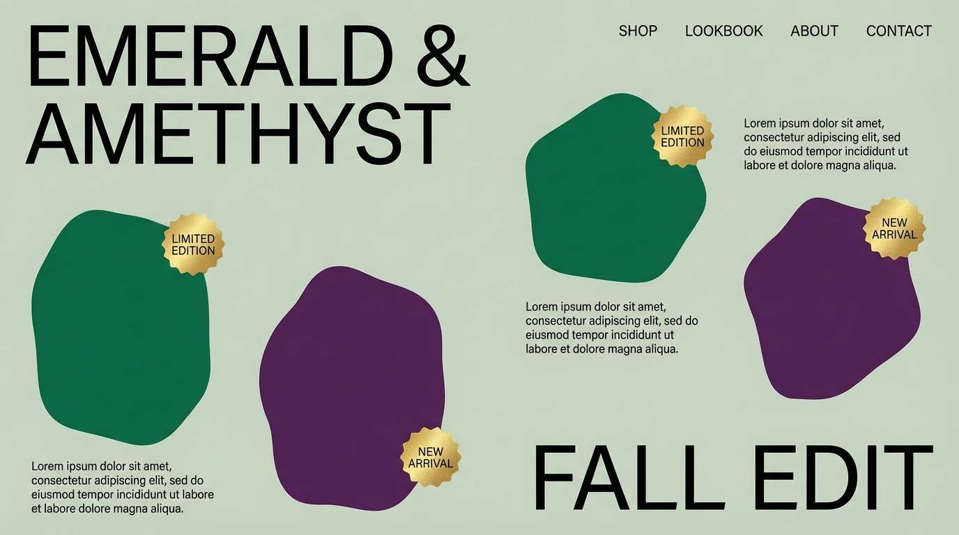 lookbook layout in emerald and purple