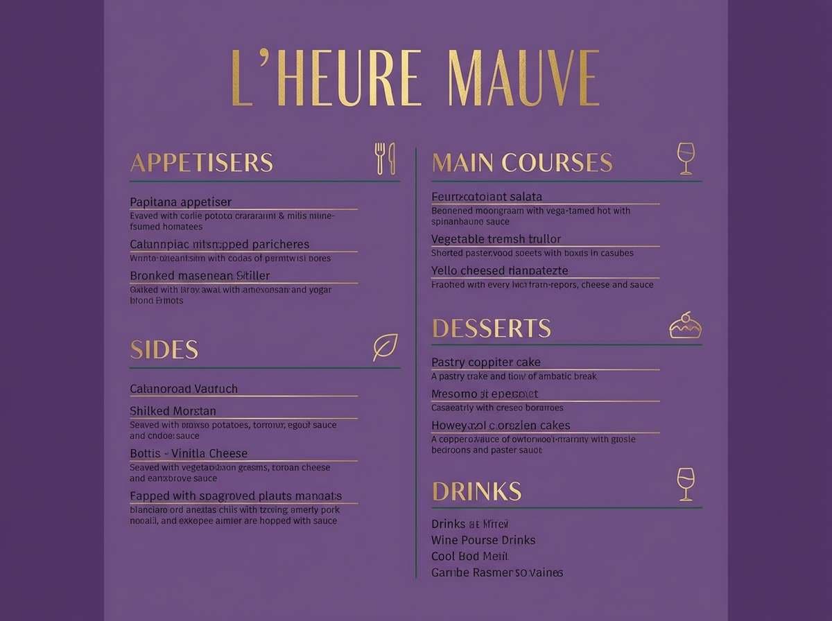 restaurant menu in purple and gold