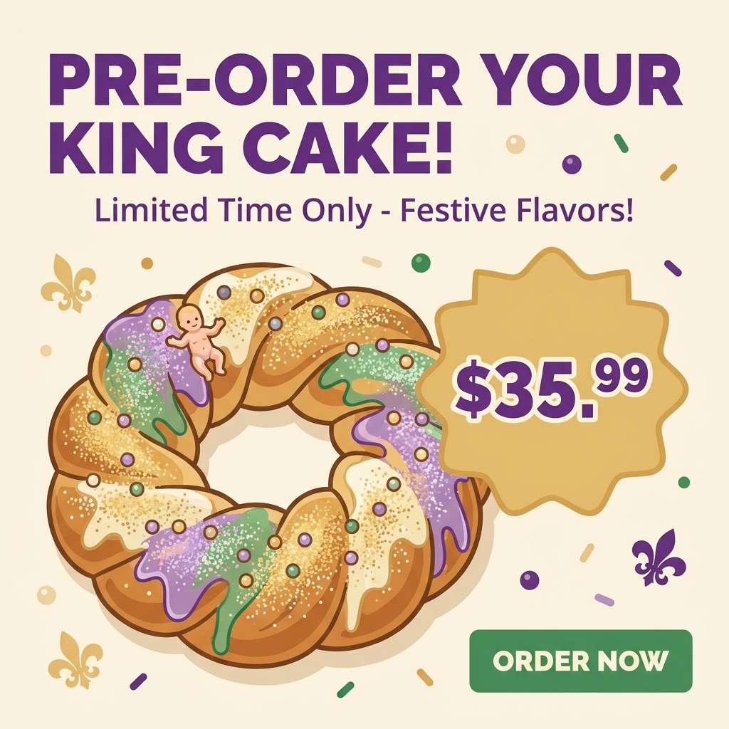 bakery ad in purple and gold
