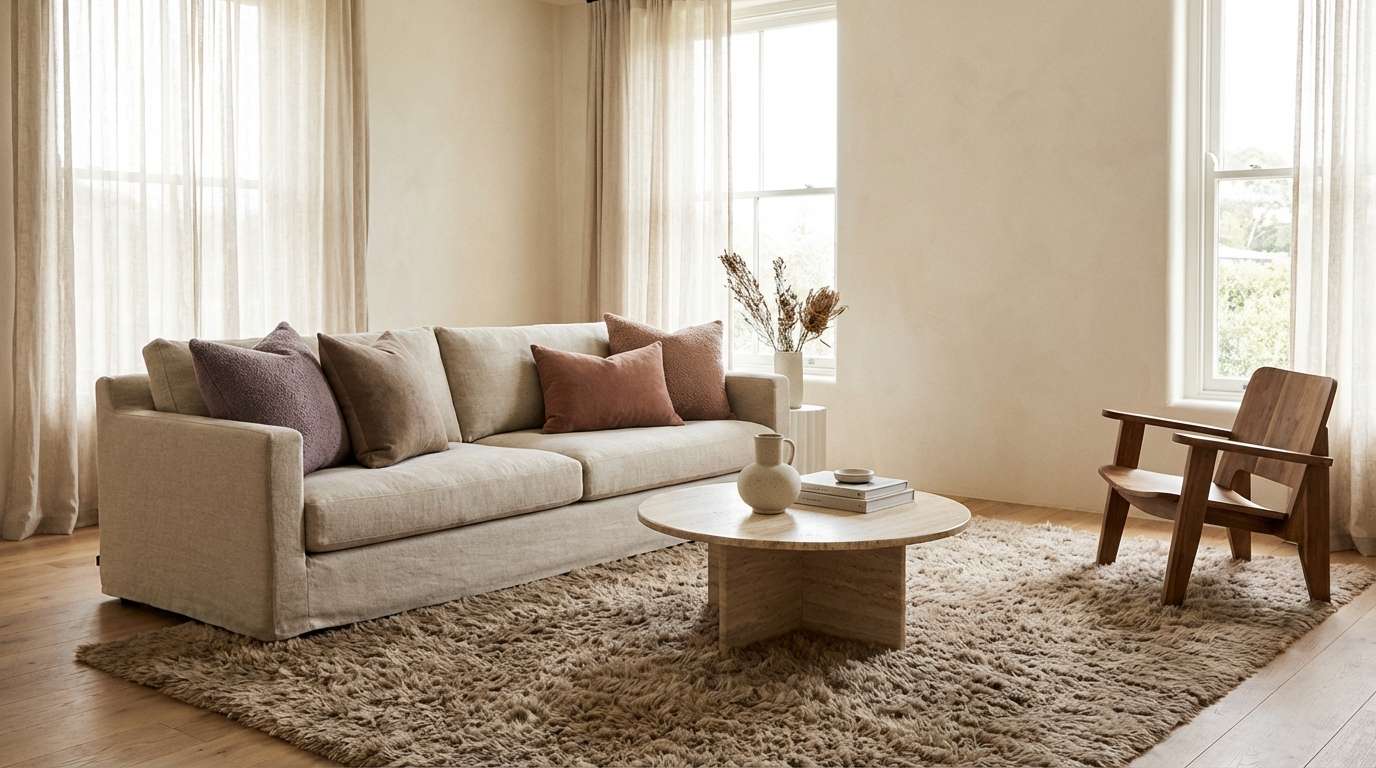 minimal living room in mauve taupe