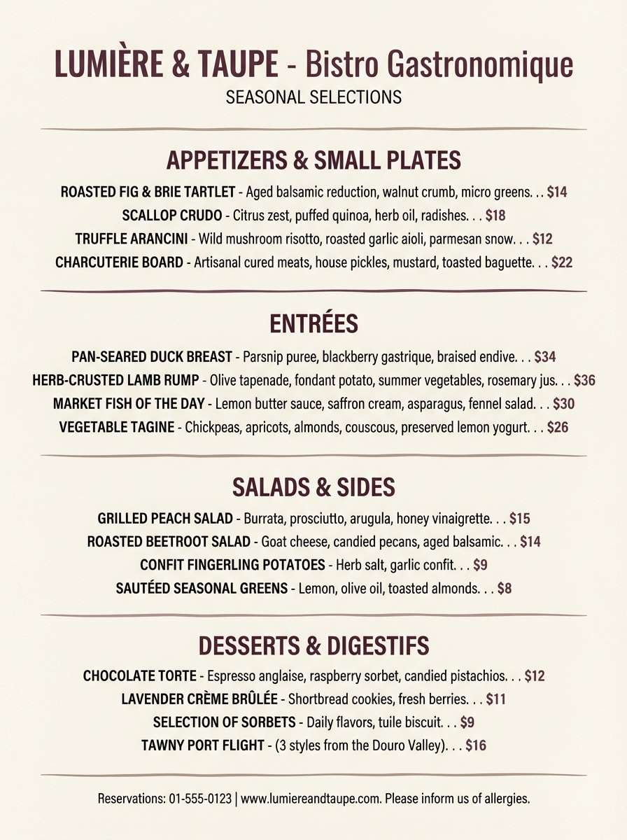 restaurant menu in mauve taupe