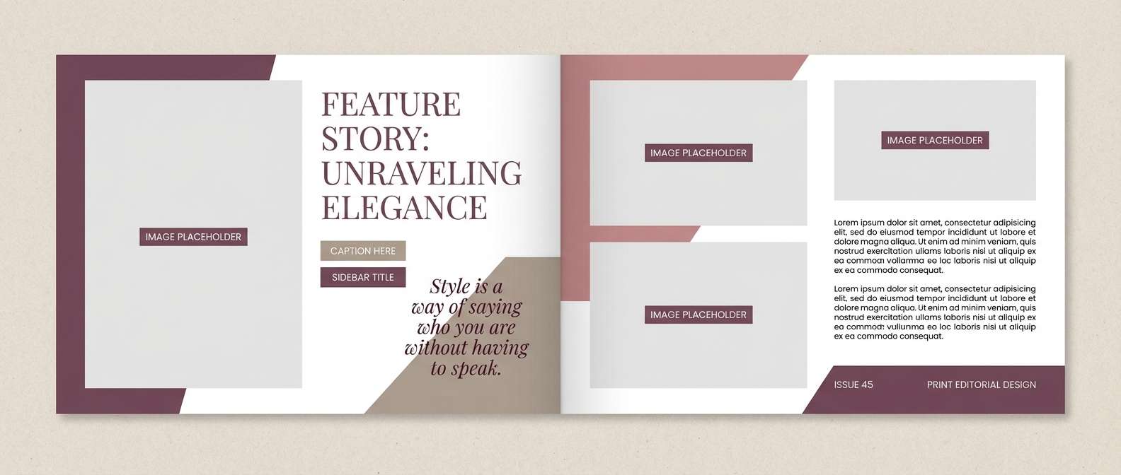 editorial spread in mauve taupe