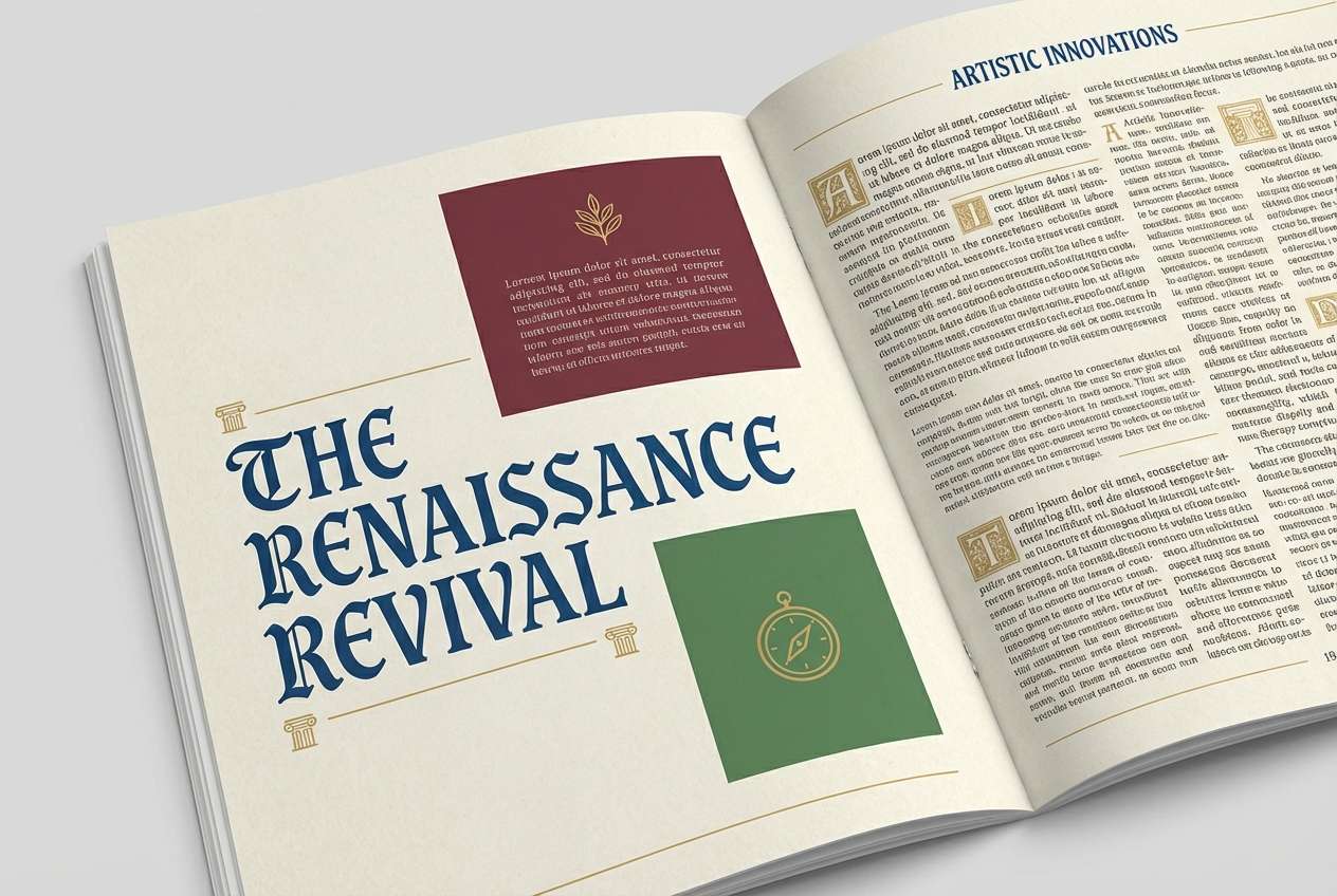 art history magazine spread with medieval hues