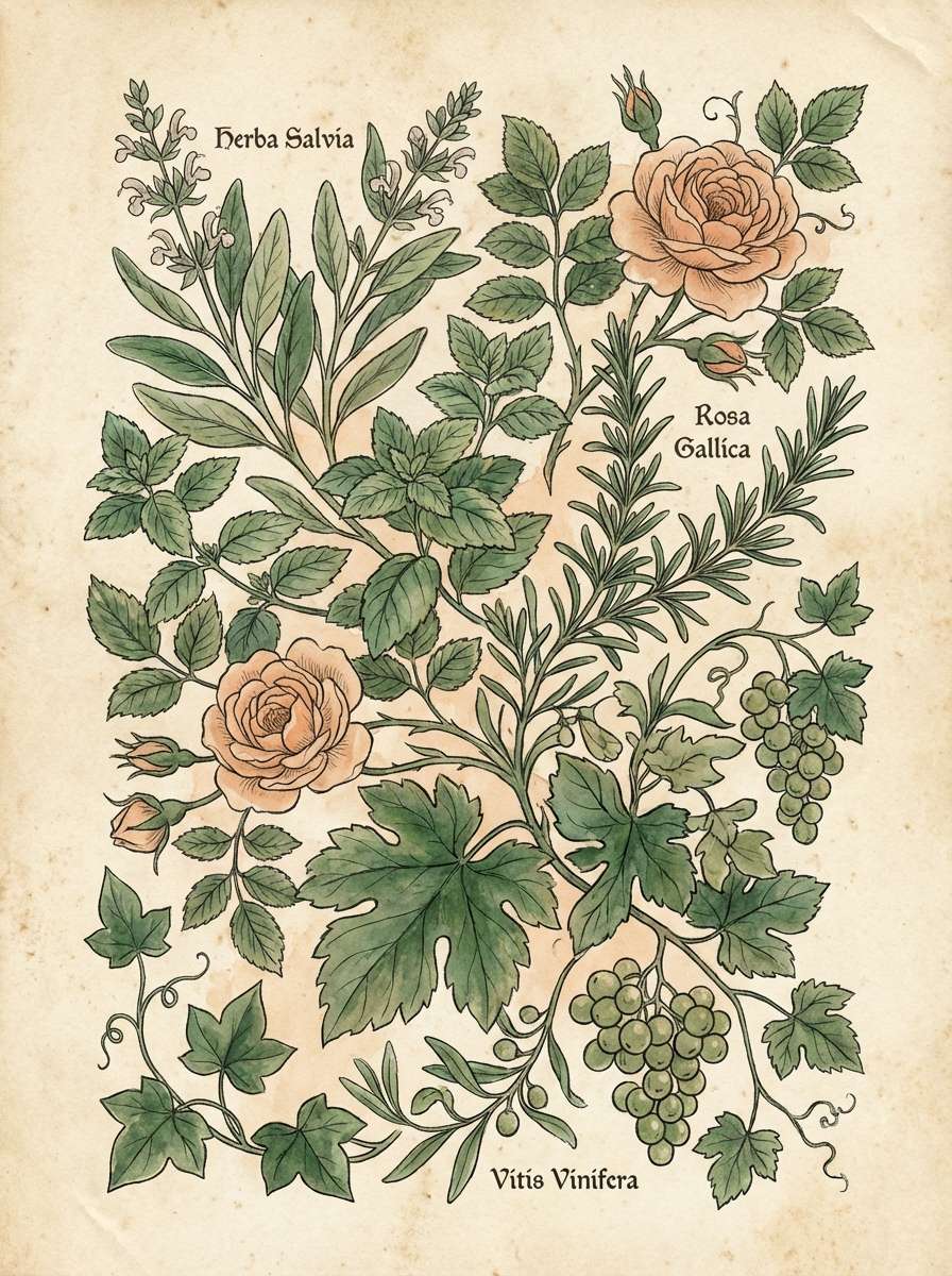 watercolor botanical poster with medieval accents