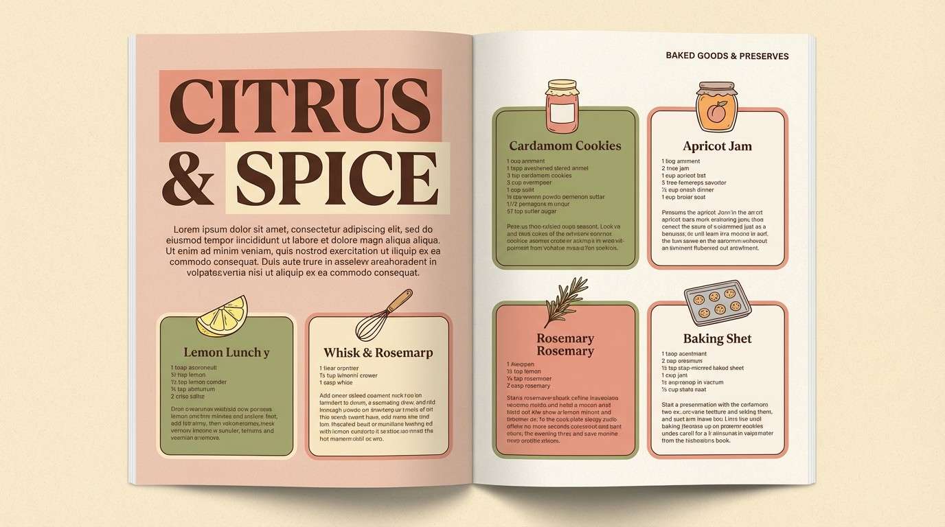cookbook spread in warm tones