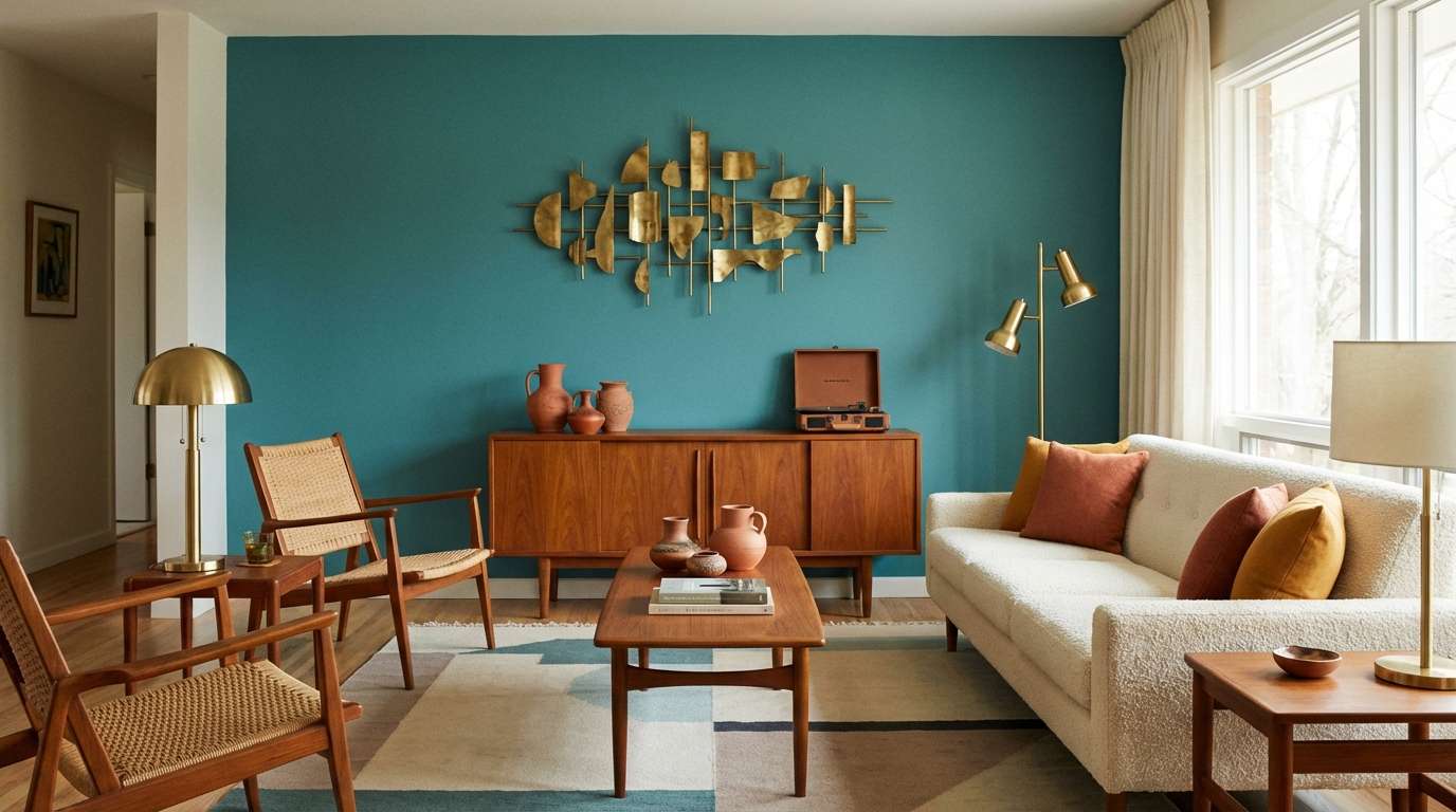 teak and teal living room