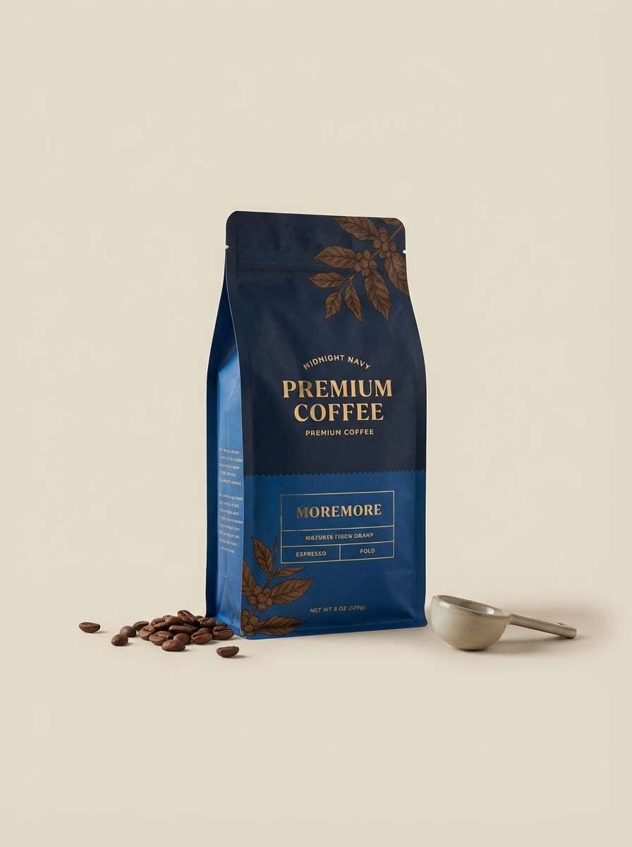 coffee bag packaging shot in midnight blue color scheme