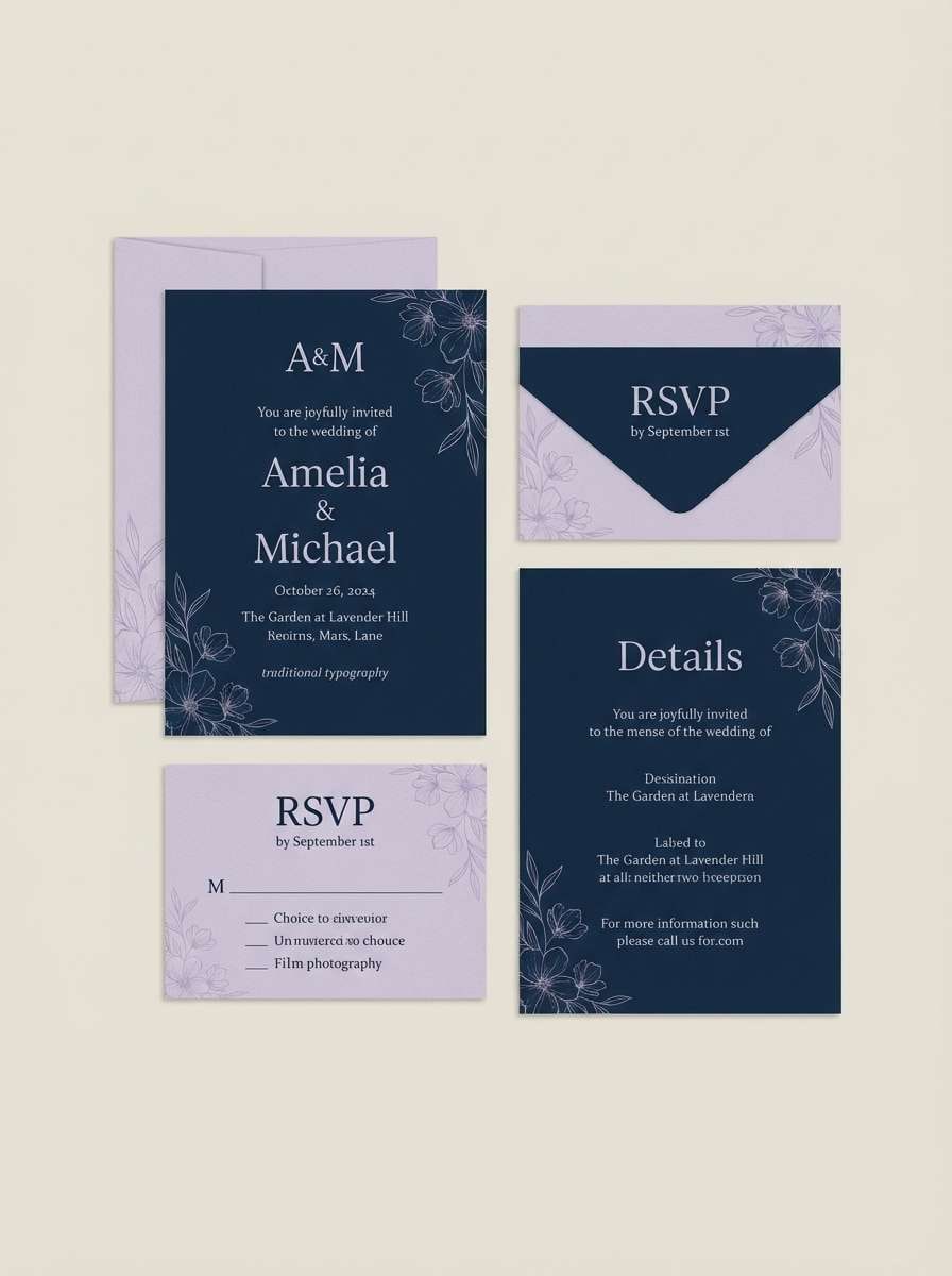 lavender wedding invitation using midnight blue colors