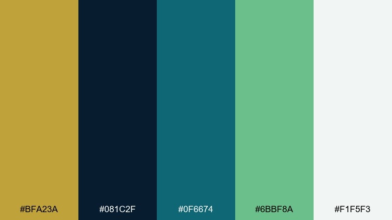 midnight mint accent gold blue green color palette with hex codes
