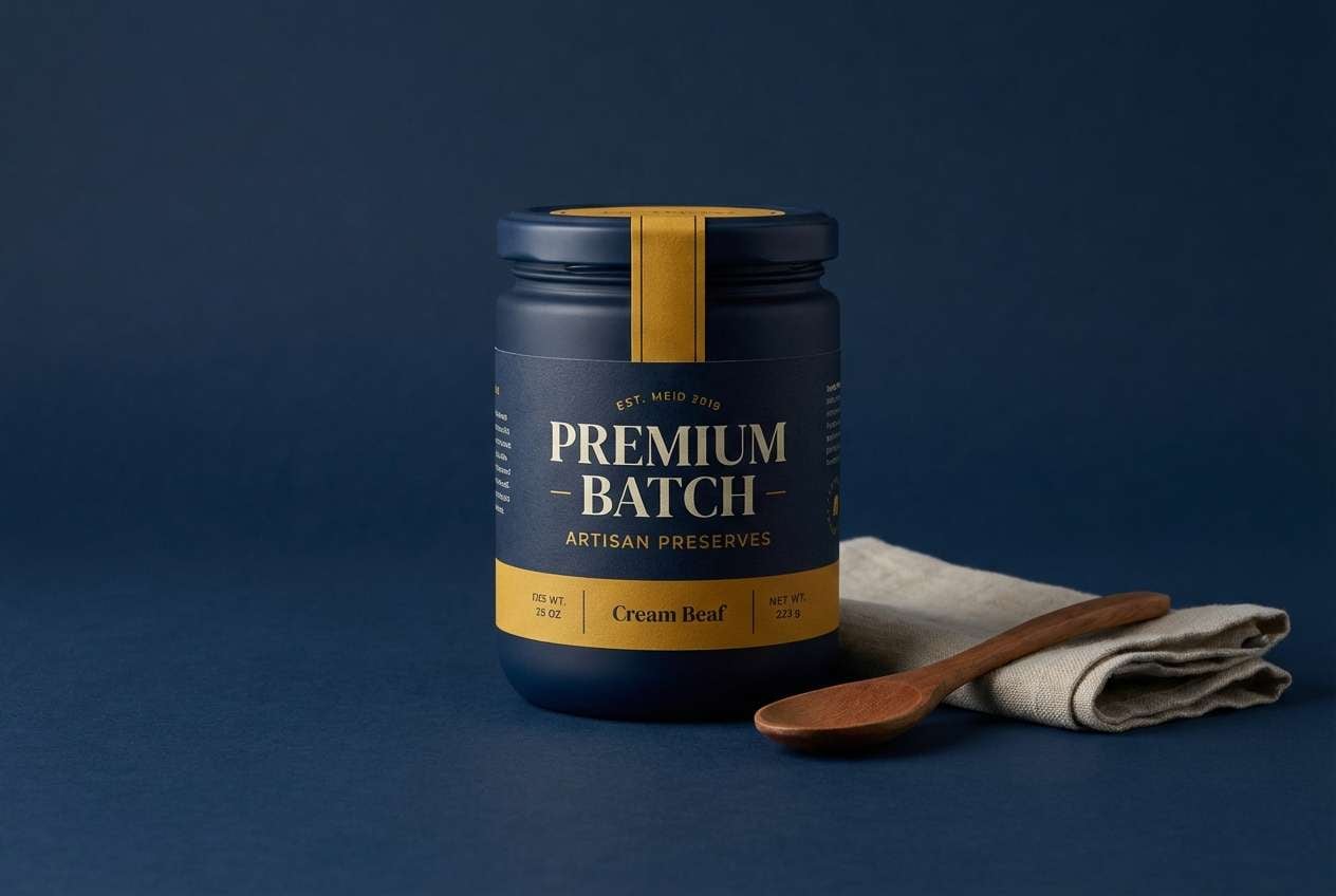 premium jar packaging in navy mustard