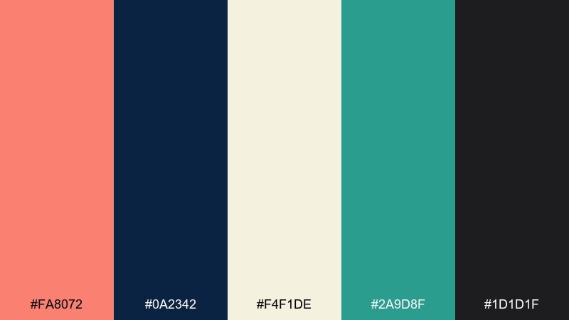 midnight navy pop salmon color palette with hex codes